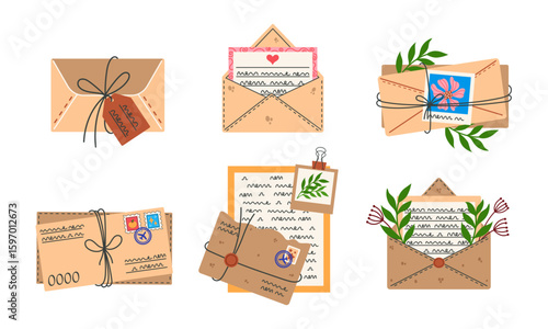 Vintage letters, postcards. Open, closed envelopes with paper messages, documents, notes, photos. Correspondence with wax seal, stamps, stationery, flowers. Post clipart, hand drawn simple vector set