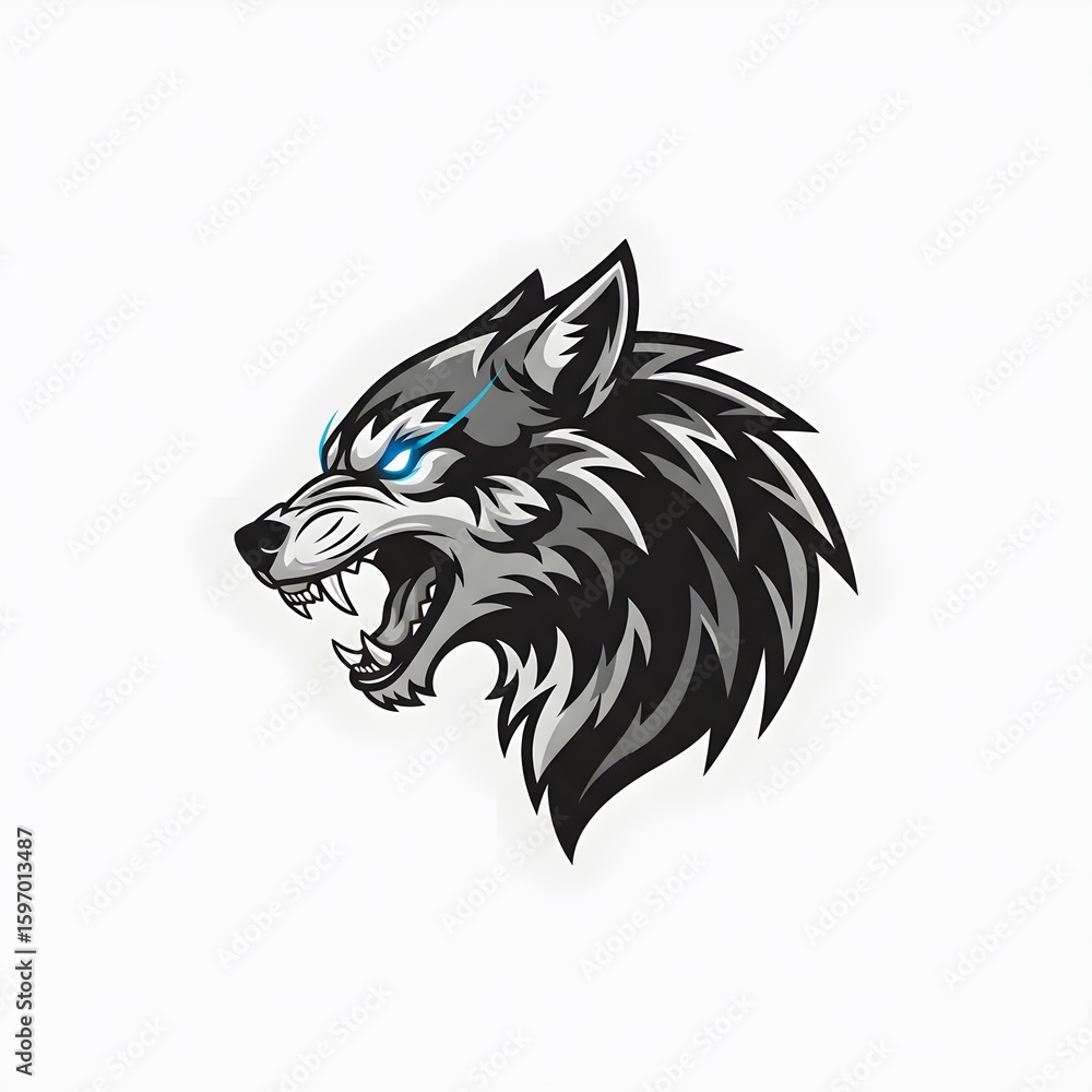 Obraz premium Powerful Mascot Logo of a Snarling Wolf Head in Profile, Featuring Minimalist Aggressive Style with Glowing Electric Blue Eyes