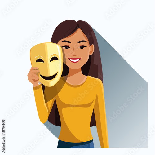 Figure with mask hiding true face, symbolizing insecurity and imposter syndrome, drawn in metaphorical vector style.