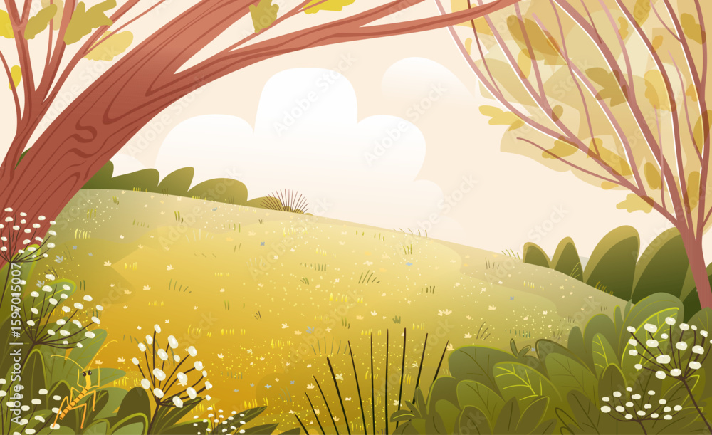 Fototapeta premium Scenic Meadow Autumn Landscape With Wildflowers and Trees. Clearing in the wild woods peaceful fall scenery, hand drawn landscape. Cartoon vector illustration of nature landscape background for kids.