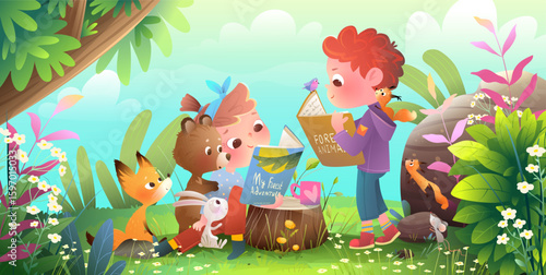 Children boy and girl reading books outdoors on a forest lawn with plants. Animals gather around boy and girl read stories in nature. Colorful hand drawn cartoon vector illustration for kids education