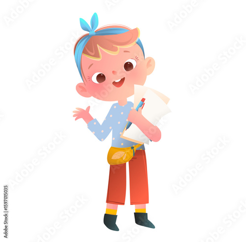 Girl student character holding notebook and pen, waving. Child enjoys reading, writing, and learning at school. Cute hand drawn cartoon vector illustration of kids childhood study.