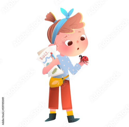 Curious girl examines ladybug studying nature and insects. Childhood curiosity and discovery in biology and entomology education. Cartoon vector illustration of focused student character learning