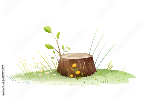 Tree Stump with Wildflowers and Foliage in a Meadow for children. Tree stump in the middle of a grassy forest meadow with flowers. Isolated nature clipart illustration in watercolor style for kids.