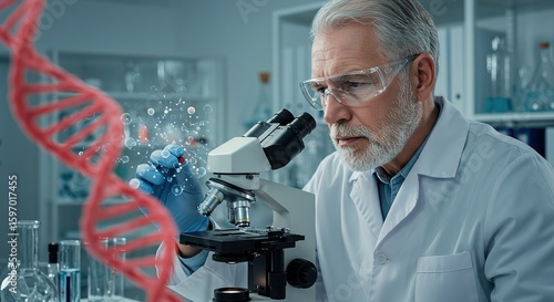 Scientist examines a microscope in a laboratory with a dna model nearby.