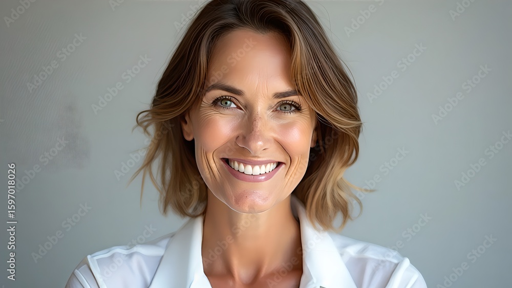 Smiling Brunette Woman Portrait in White Shirt on Neutral Background Smiling Brunette Woman Portrait in White Shirt on Neutral Background