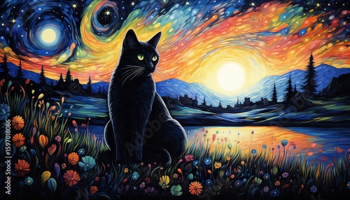 Black Cat in Moonlight Landscape, Painting Art