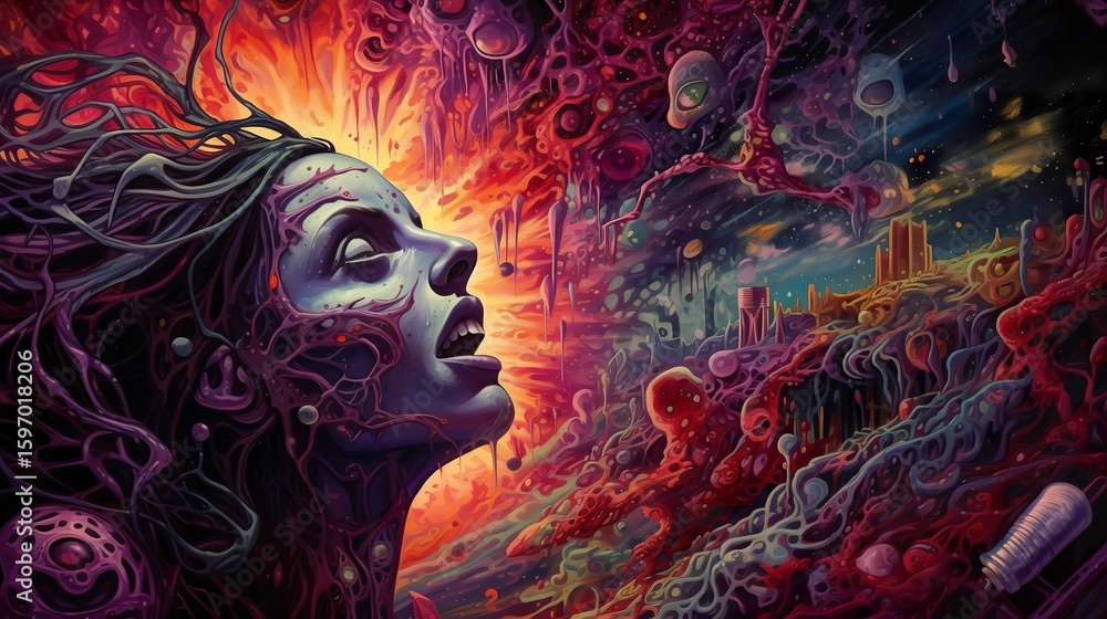 Fototapeta premium Woman Alien in Chaos Landscape, Psychedelic Art