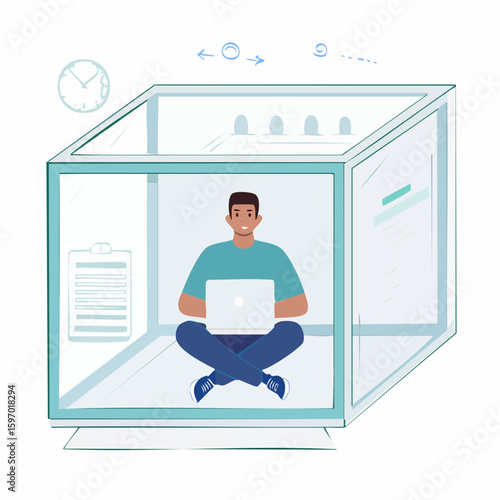 Alone figure inside a glass box, showing emotional separation, isolation, and disconnect in stylized vector style.