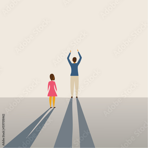 Shadowy figure watching someone succeed in light, symbolizing jealousy and personal comparison in vector format.