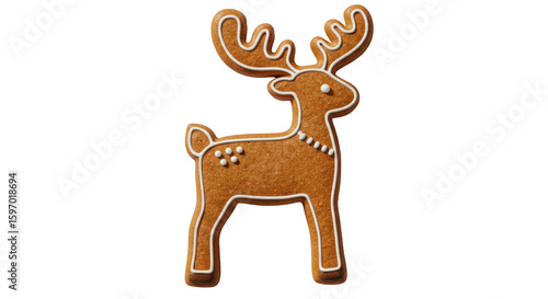 A festive gingerbread reindeer decorated with white icing, standing proudly on a white background.