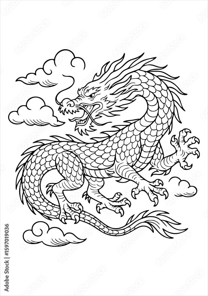 Fototapeta premium Traditional Asian dragon in tattoo style – Black and white vector illustration with clouds