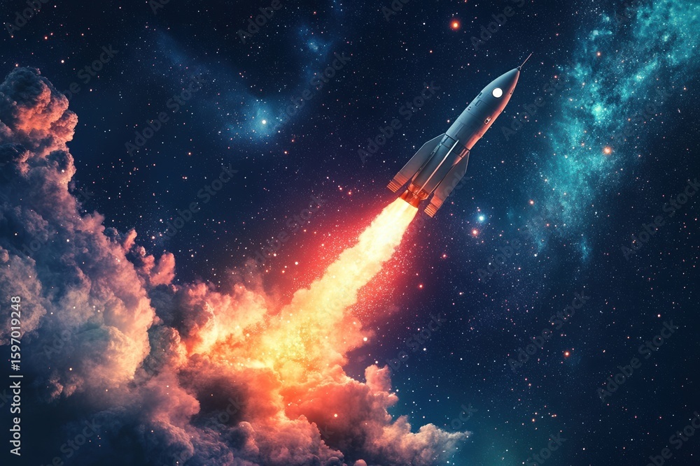 Naklejka premium A rocket launching into a starry night sky with vibrant clouds and a nebula in the background view