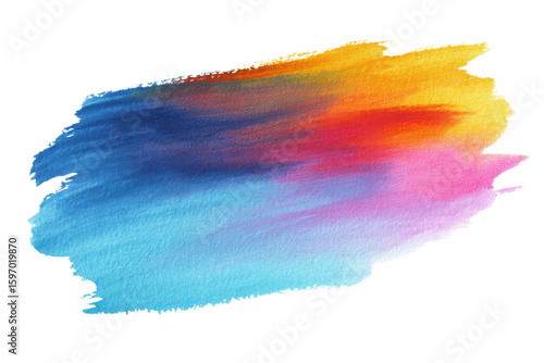 A vibrant watercolor stroke blending shades of blue red pink and yellow creating a colorful and expressive design element
