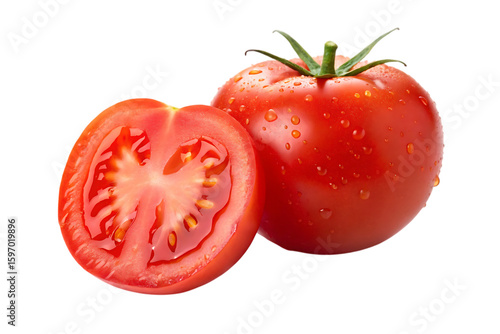 Wallpaper Mural Fresh and vibrant tomato featuring a juicy cut half alongside a whole tomato, adorned with refreshing water droplets for a vibrant look Torontodigital.ca