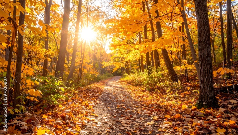 Obraz premium Golden autumn path through a forest. Sunlight streams through vibrant fall foliage