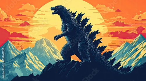 Godzilla stands tall against a backdrop of mountains and a vibrant sunset.
