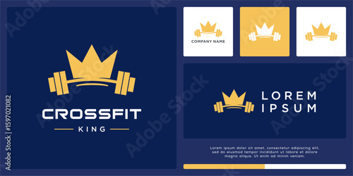 Crossfit king logo design with abstract barbell and crown combine