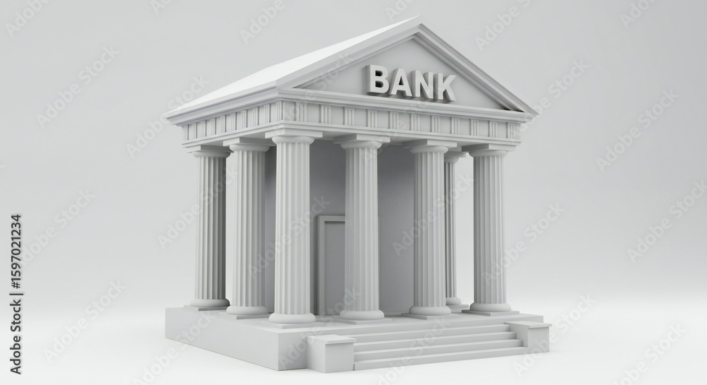 Fototapeta premium A 3D model of a classical bank building with white colors, featuring tall columns and a triangular roof, set against a light gray background. Focus on minimalism and symmetry.