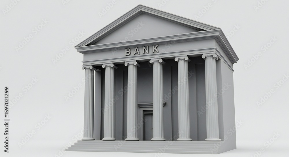 Obraz premium A detailed 3D model of a classical bank with towering columns, pediment, and 'BANK' inscription, rendered in monochrome gray, showcasing an authoritative architectural style.
