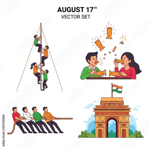 Vector illustration set depicting Indian Independence Day celebrations: climbing a pole, eating sweets, tug of war, and India Gate with the flag.