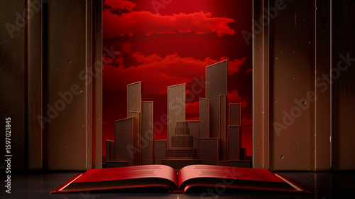 Open Book Before Cityscape Silhouette and Metal Columns