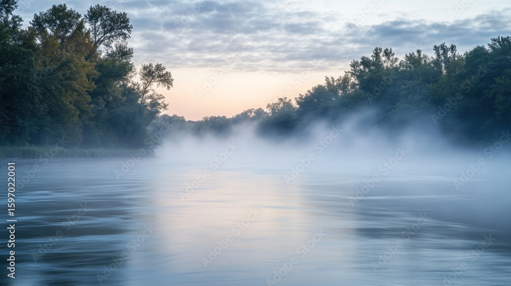 Fototapeta premium A serene river landscape unfolds with ethereal fog blanketing the water, framed by lush trees under a soft, cloudy sky, creating a tranquil and atmospheric vista.