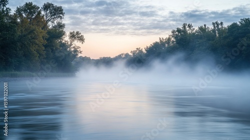 Wallpaper Mural A serene river landscape unfolds with ethereal fog blanketing the water, framed by lush trees under a soft, cloudy sky, creating a tranquil and atmospheric vista. Torontodigital.ca