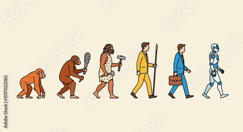 Illustration depicting the evolution of humans from ape to caveman to modern businessman to futuristic robot, showcasing technological advancement.
