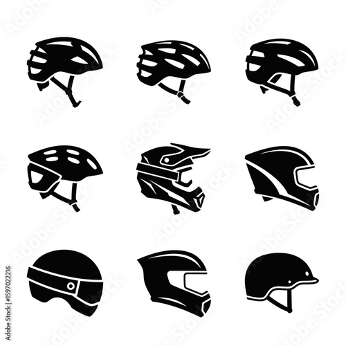A collection of nine black silhouette vector icons depicting various types of helmets, including bicycle, motorcycle, and racing helmets.