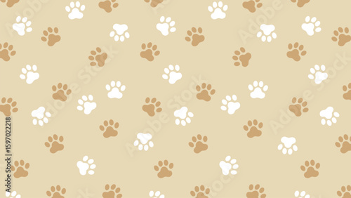 Seamless paw print pattern in tan and white on beige. Cute pet background, great for animal-themed designs