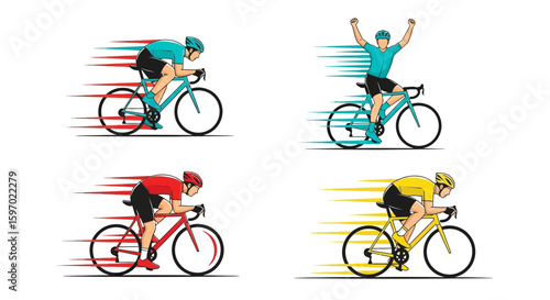 Four cyclists depicted in motion, each on a different colored bicycle, with one cyclist celebrating victory with raised arms.