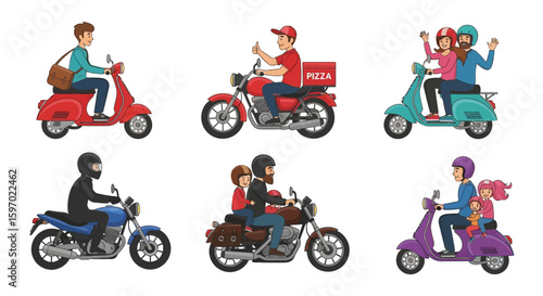 Cartoon illustration showing six different motorcycles and scooters, each with a rider or riders in various casual and delivery scenarios.