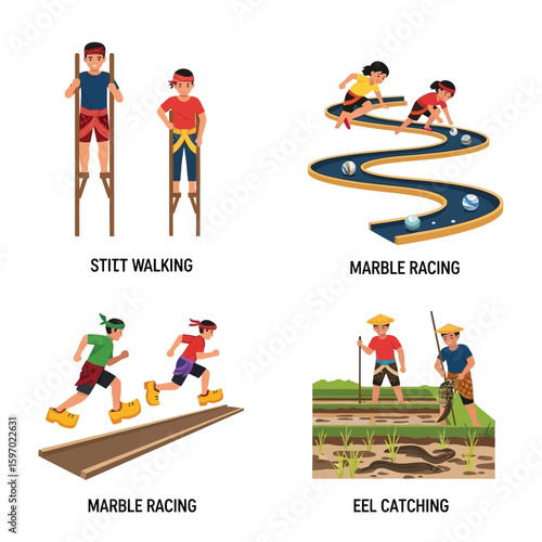 Illustration depicting four traditional children's games: stilt walking, marble racing (two versions), and eel catching in a rice paddy.