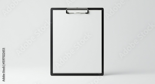 A black clipboard with a silver clip is centered against a plain white background, evoking minimalism and professionalism.