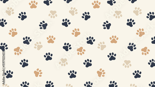 Neutral beige background with a charming mix of navy blue, tan, and cream paw prints. Classic, seamless vector for pet-related projects