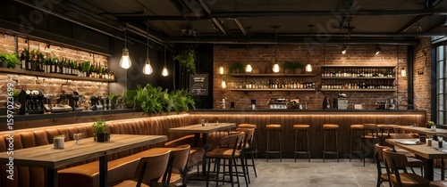 Warm and stylish restaurant with exposed ceilings and modern seating, Cozy urban café interior, Trendy café interior, Modern coffee shop, Rustic style café