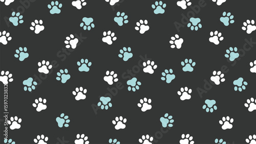 Contemporary animal paw print background featuring crisp white and soft blue on a deep gray backdrop. Ideal for minimalist and pet branding
