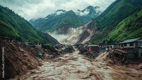 Mudslide devastation in a mountain valley.