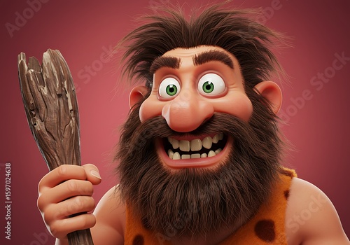 3D cartoon caveman smiling with wooden club