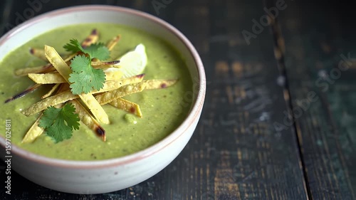 Creamy Green Soup Topped with Tortilla Strips Cilantro and Lime on Wooden Surface