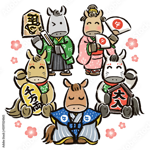 和装と縁起物で午年の訪れを祝う干支の馬（午）たち
