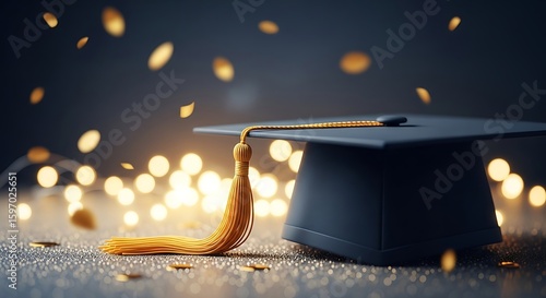 Celebrating academic achievement with a graduation cap and golden tassel, amidst festive falling confetti and glowing bokeh lights.