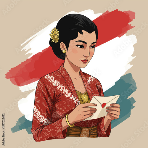 A woman in traditional Indonesian attire, holding a letter, against a backdrop of Indonesian flag colors.