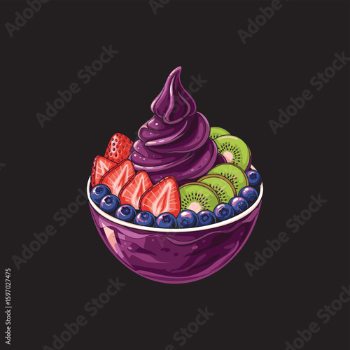 An illustration of an acai bowl topped with a swirl of purple soft serve, sliced strawberries, kiwi, and blueberries, presented in a purple bowl.
