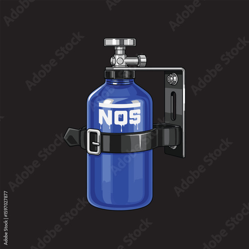 Blue NOS nitrous oxide bottle, mounted, strapped, valve, racing, performance.