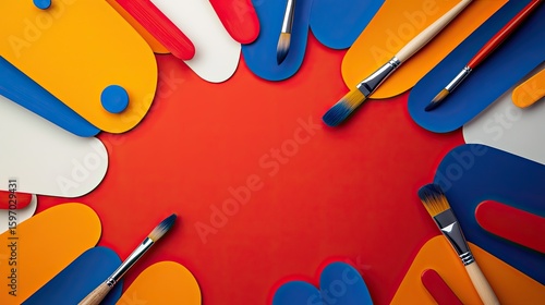 Paintbrushes arranged on a colorful abstract background.