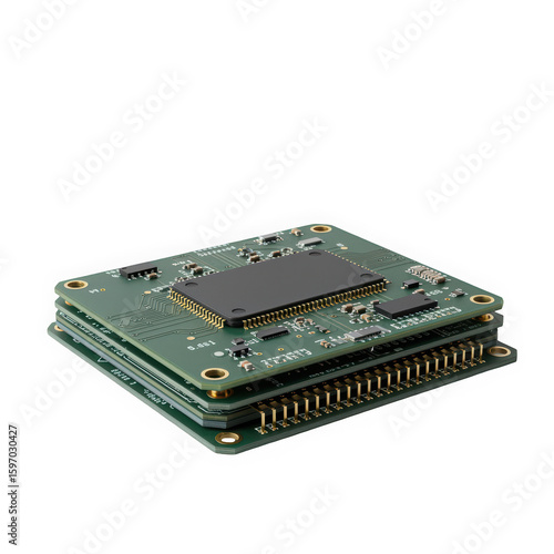 Close-up of stacked electronic circuit boards showcasing intricate designs and components.