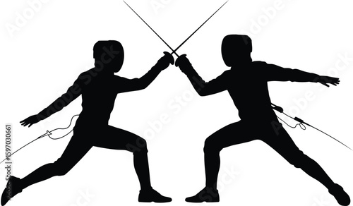 Fencing Match Silhouette of Two Sword Fighters in Combat Stance Vector with Transparent Background.