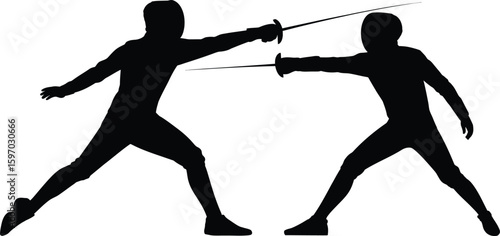 Fencing Duel Silhouette Vector of Two Sword Fighters in Action with Transparent Background.